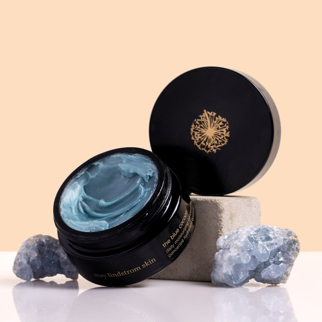 May Lindstrom Skin | The Blue Cocoon | Styled Image_Oct26 - open jar with blue balm and crystals