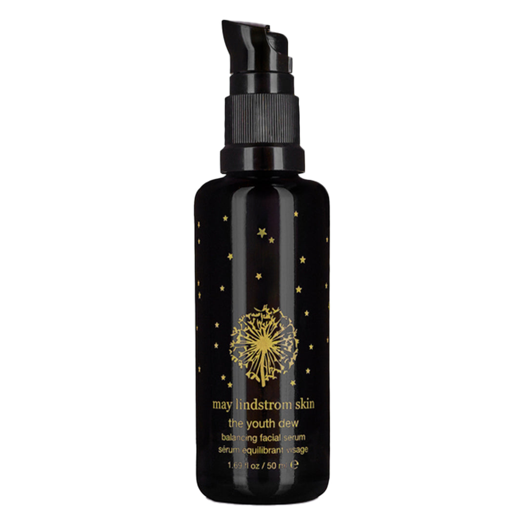 May Lindstrom Skin | The Youth Dew 50ml | Product Image - black bottle with gold detailing on a white background