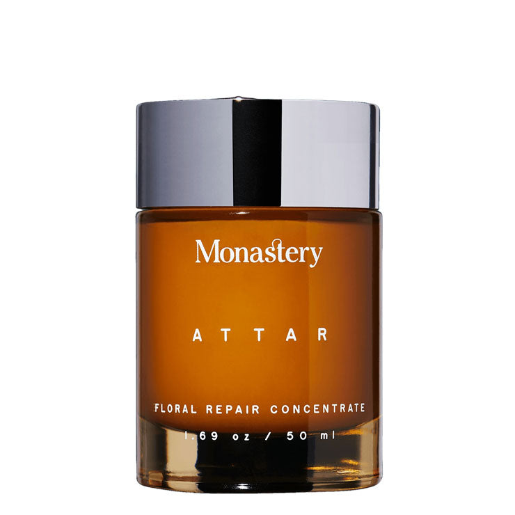 Monastery | Attar Floral Repair Concentrate | Amber colored jar on white background