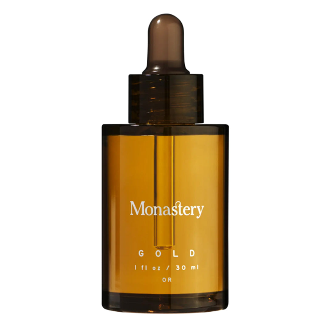 Monastery | Gold Restorative Face Oil 30 ml | Product Image - amber glass dropper bottle on a white background