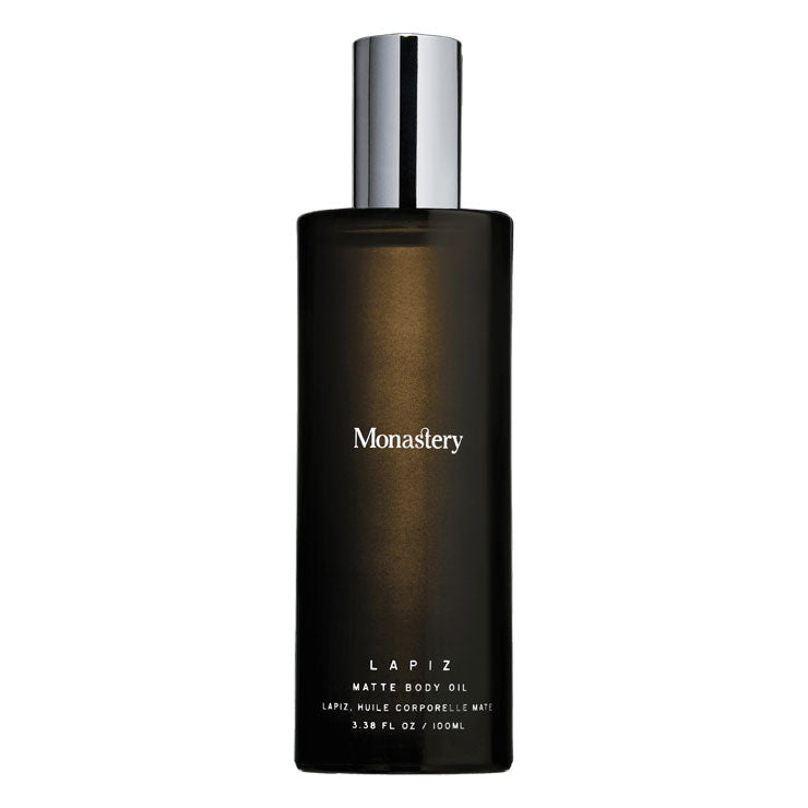 Monastery | Lapiz Matte Body Oil | Dark bottle on white background 