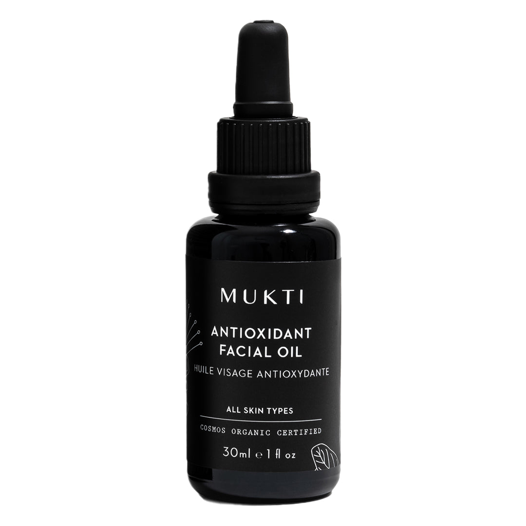 Mukti Organics | Antioxidant Facial Oil | Product Image - black dropper bottle on a white background