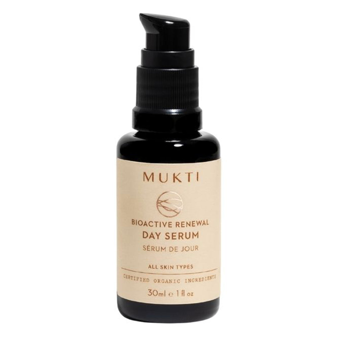Mukti Organics | Bioactive Renewal Day Serum | Product Image - black bottle with a beige label on a white background