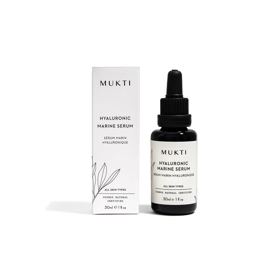 Mukti Organics | Hyaluronic Marine Serum | Packaging Image - dropper bottle with matching white product box on a white background texture