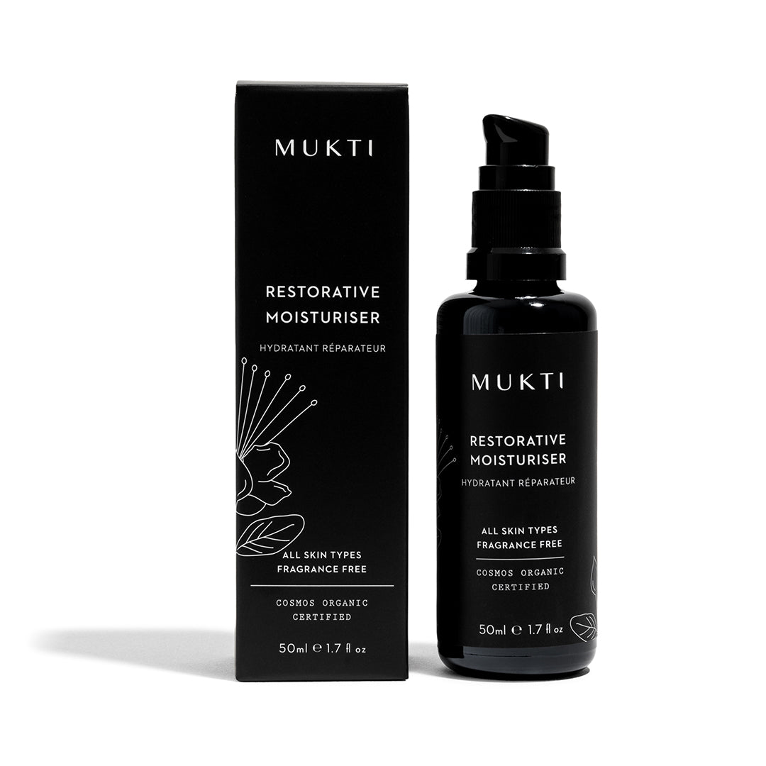 Mukti Organics | Restorative Moisturiser | Packaging Image - black pump bottle and box on a white background