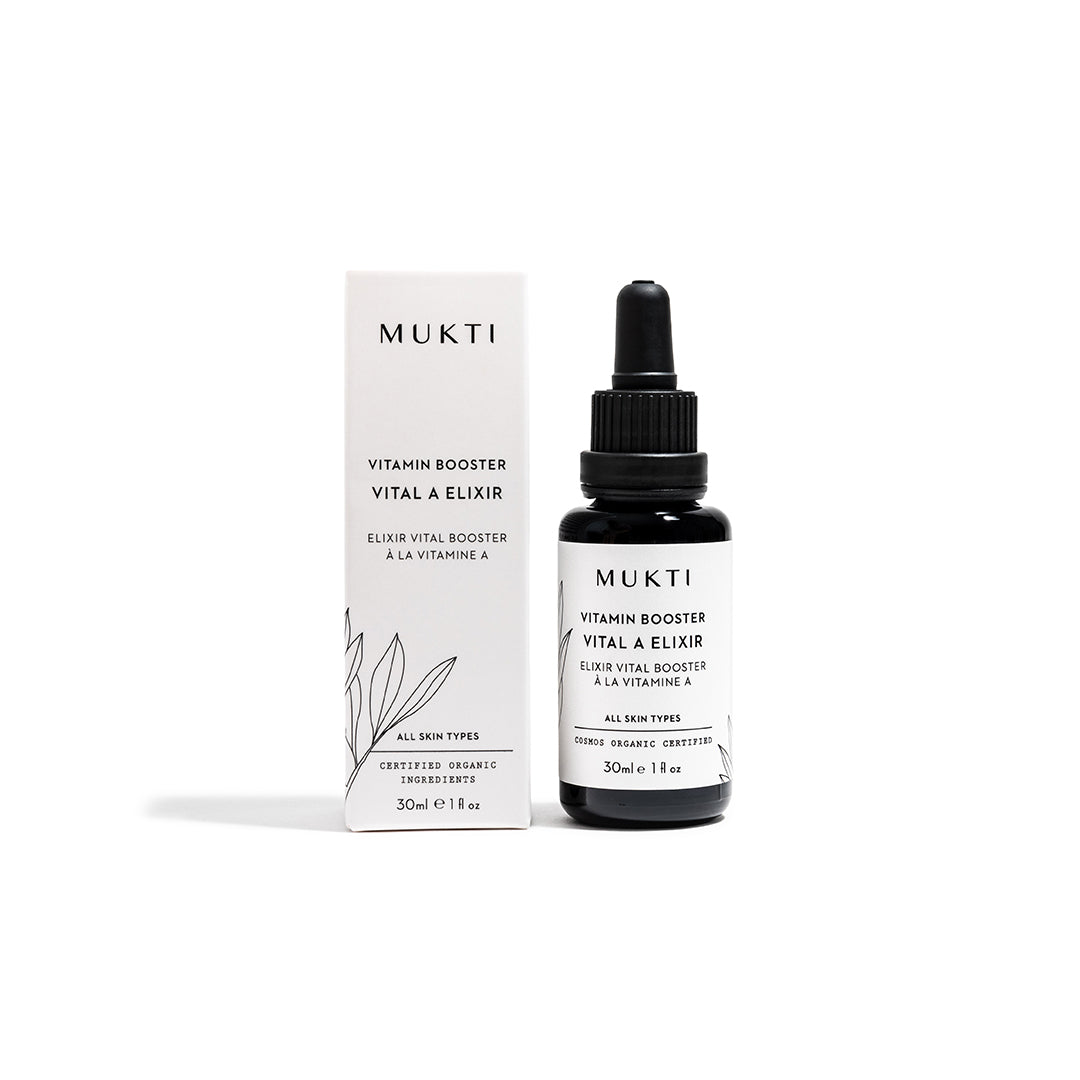 Mukti Organics | Vitamin Booster Vital A Elixir | Packaging Image - black dropper bottle and white box on a white background