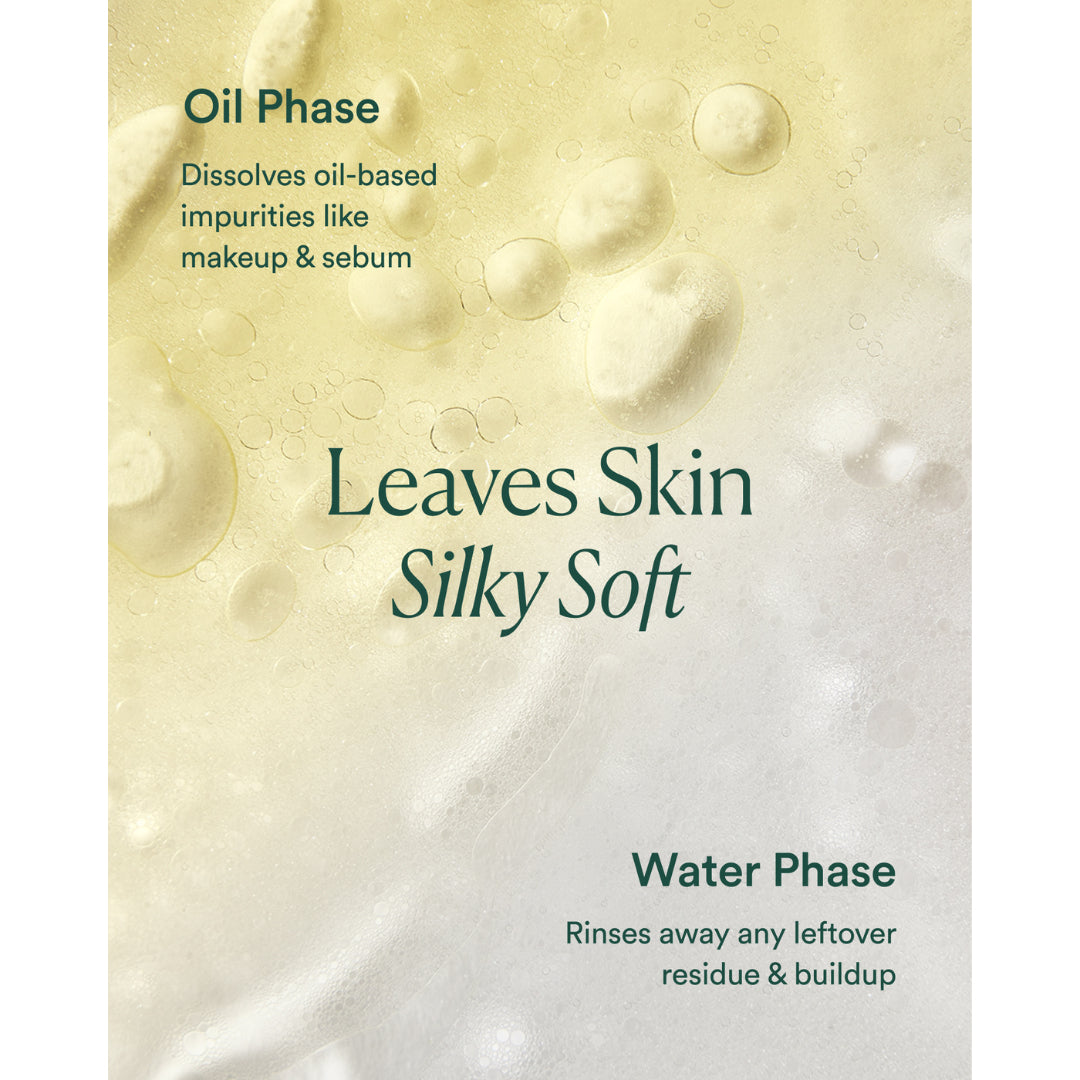 OSEA | Bi Phase Oil Cleanser | Oil and Water Phases Product Image - close-up of oil and water phases with text describing cleansing benefits