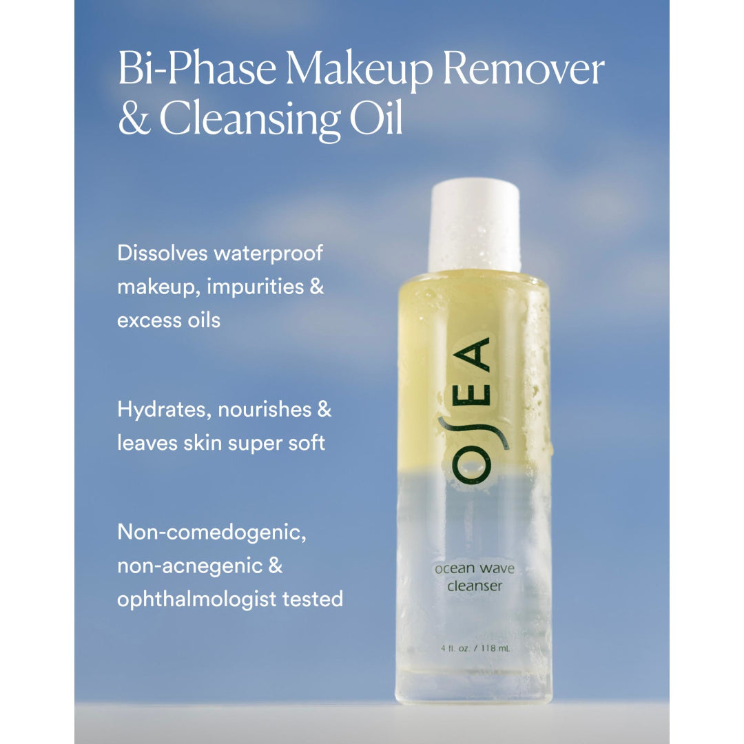 OSEA | Bi Phase Oil Cleanser | Product Image - cleanser with product benefits text on a blue background