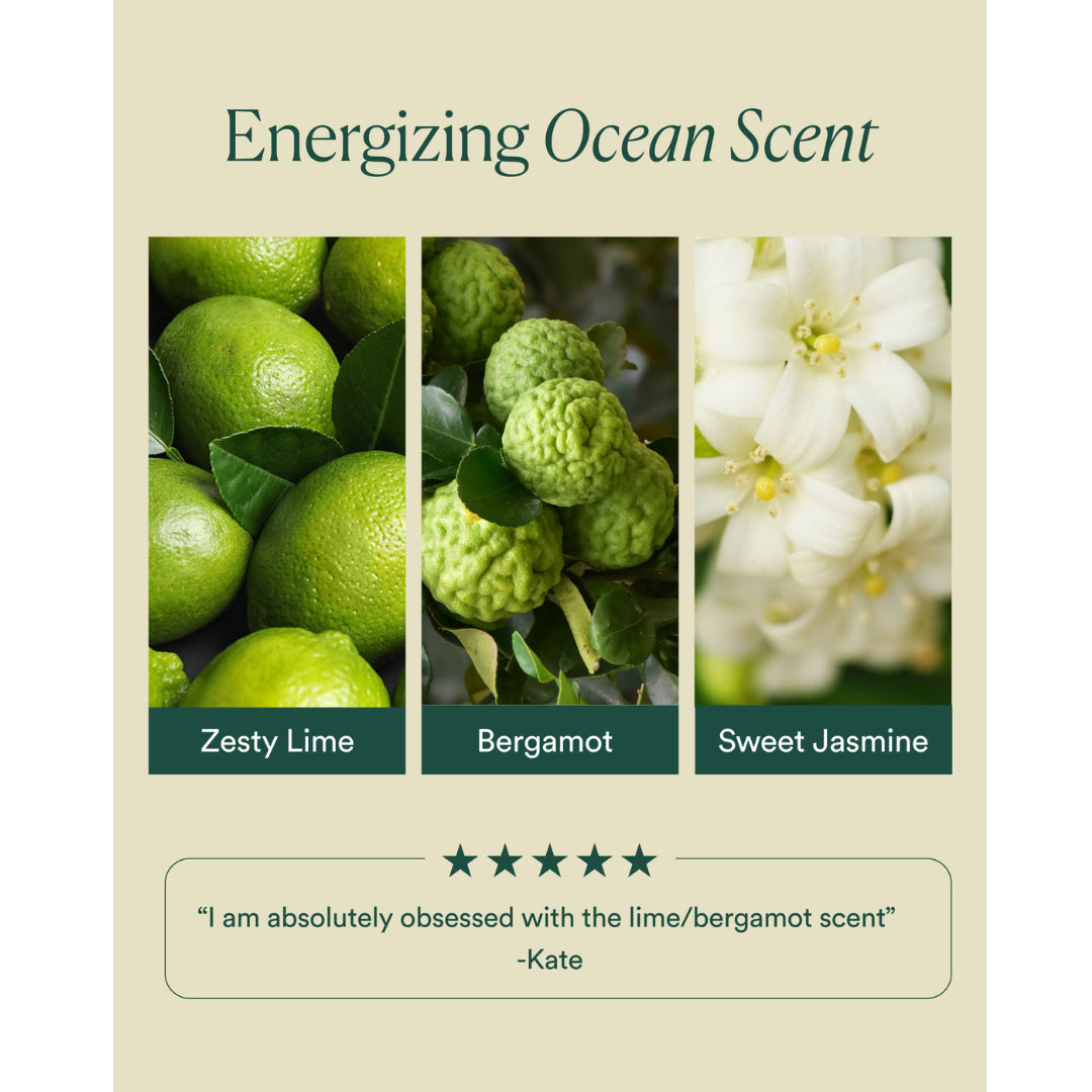 OSEA | Bi Phase Oil Cleanser | Scent Notes - fragrance notes of lime, bergamot, and jasmine with customer quote on a neutral background