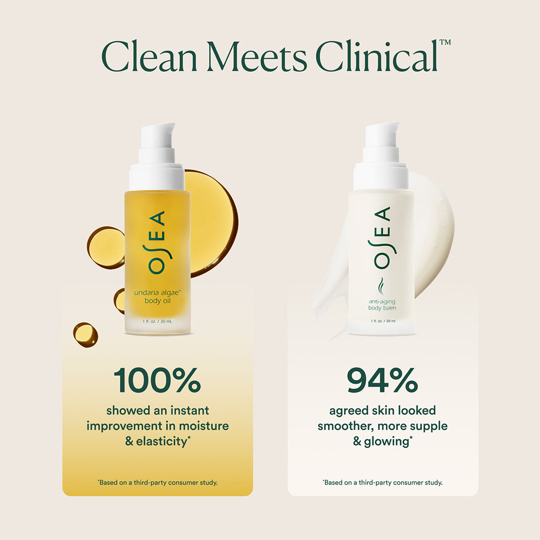 OSEA | Golden Glow Body Duo | Clinical Results Image - body oil and body balm displayed with golden oil drops, cream texture, and clinical results