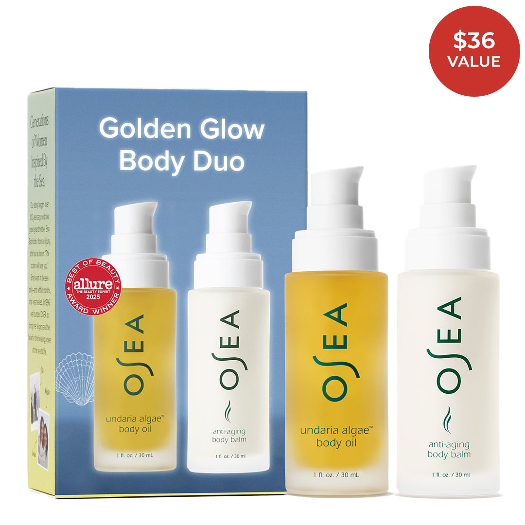OSEA | Golden Glow Body Duo | Product Image - body oil, body balm, and gift box on a white background