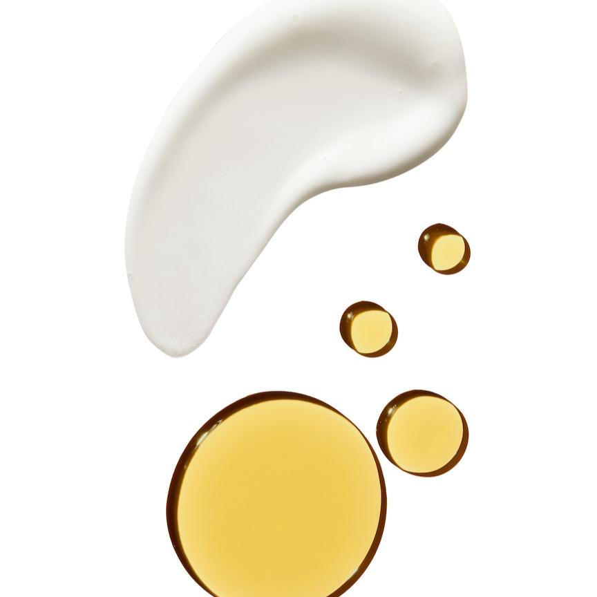 OSEA | Undaria Body Bestsellers | Lotion and Oil Textures Image - creamy white body lotion and golden body oil textures on a white background
