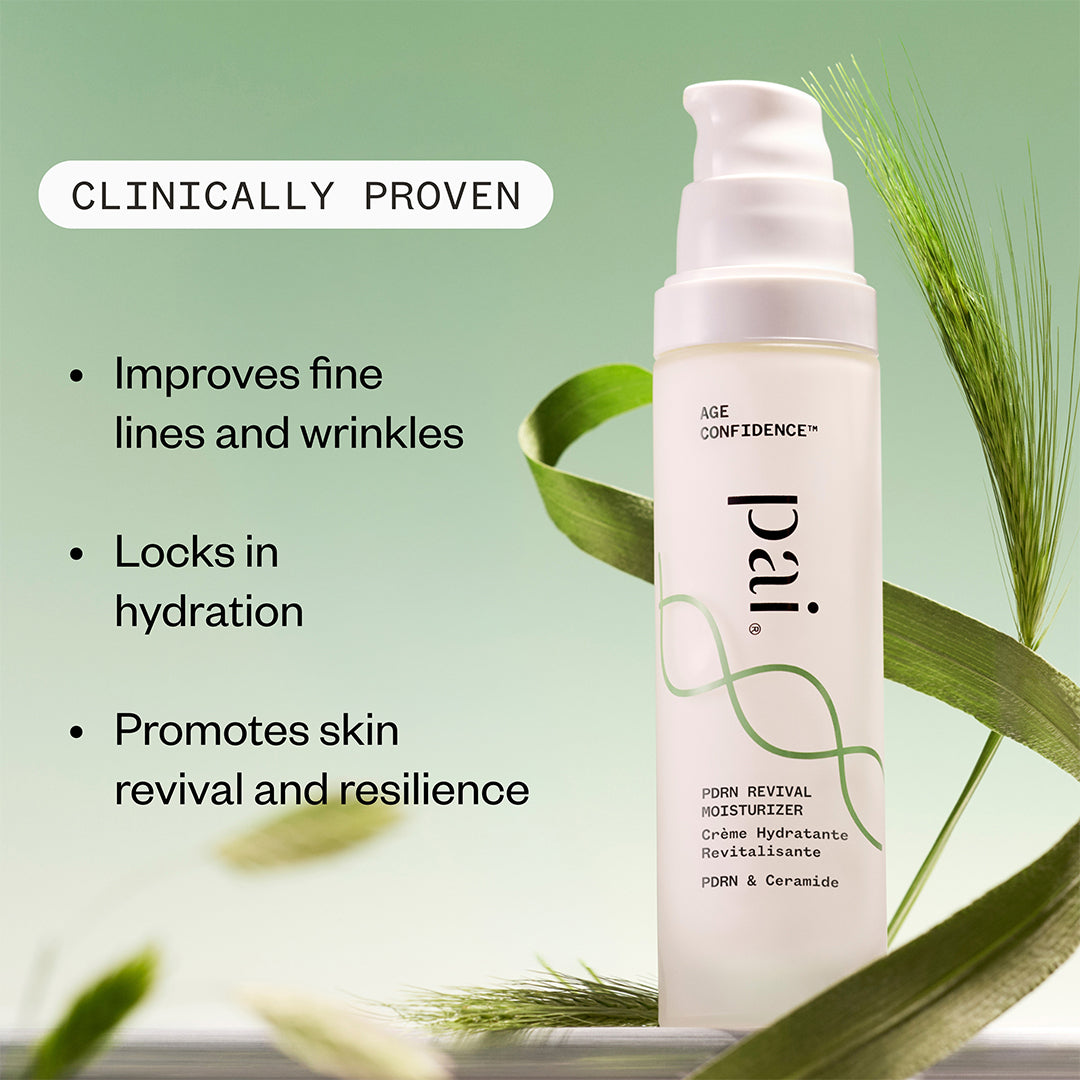 Pai Skincare | Age Confidence PDRN Revival Moisturizer | Benefits Image - white moisturizer bottle against a green botanical background with text highlighting hydration, skin revival, and fine lines