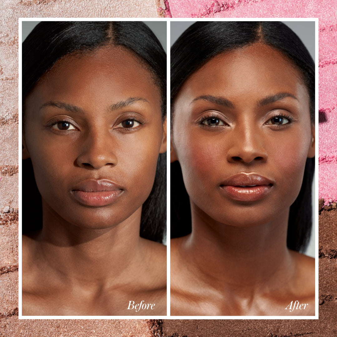 RMS Beauty | ReDimension Daily Glow Palette | Before and After Model Image1 - before and after makeup look on a deep-skinned model 