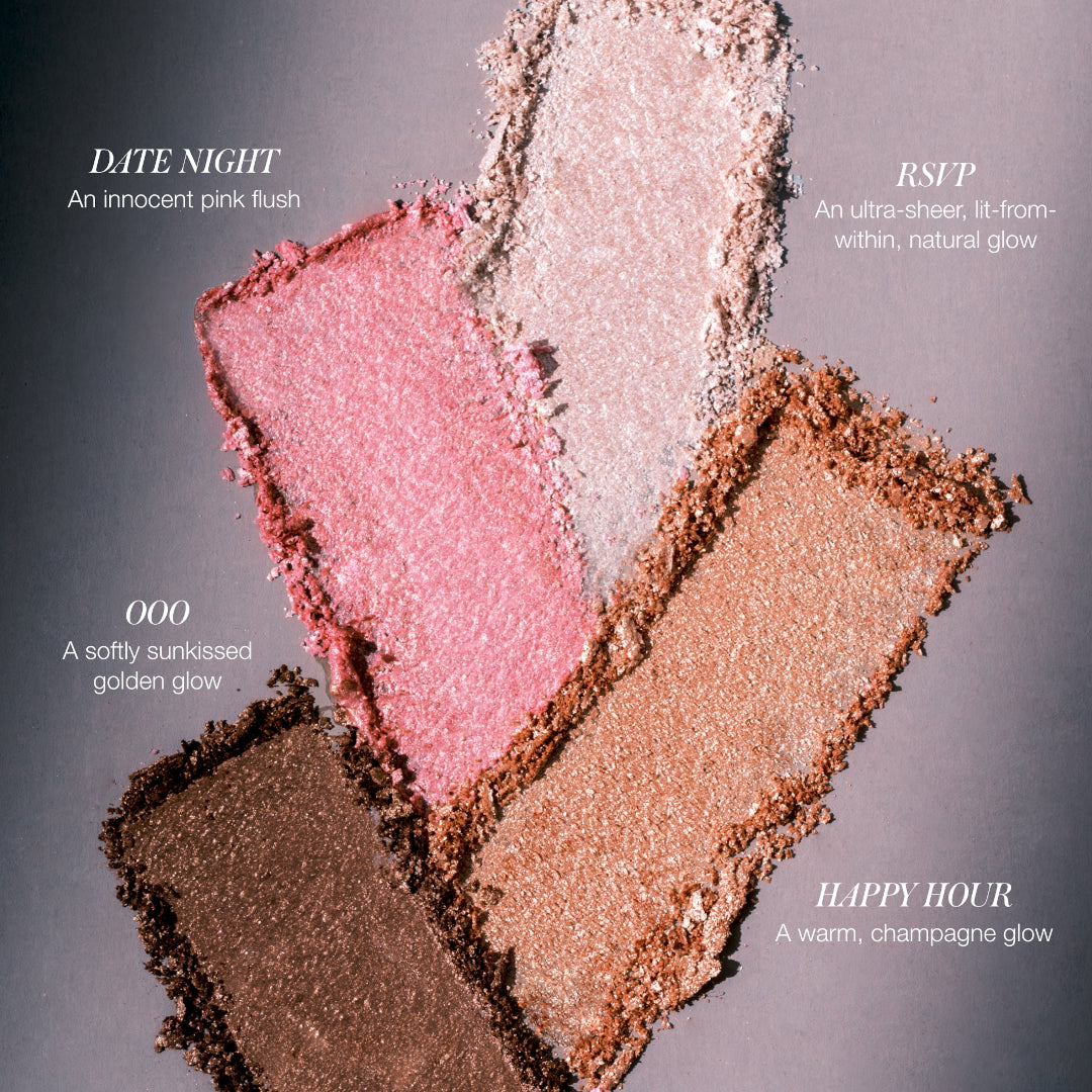 RMS Beauty | ReDimension Daily Glow Palette | Swatches - highlighter shade swatches labeled Date Night, RSVP, Happy Hour, and OOO on a textured background