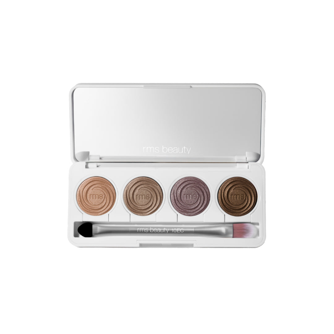 RMS Beauty | ReDimension Hydra Eyes Quartet - Rebel Glow Pack | Product Image - eyeshadow palette with dual-ended applicator on a white background