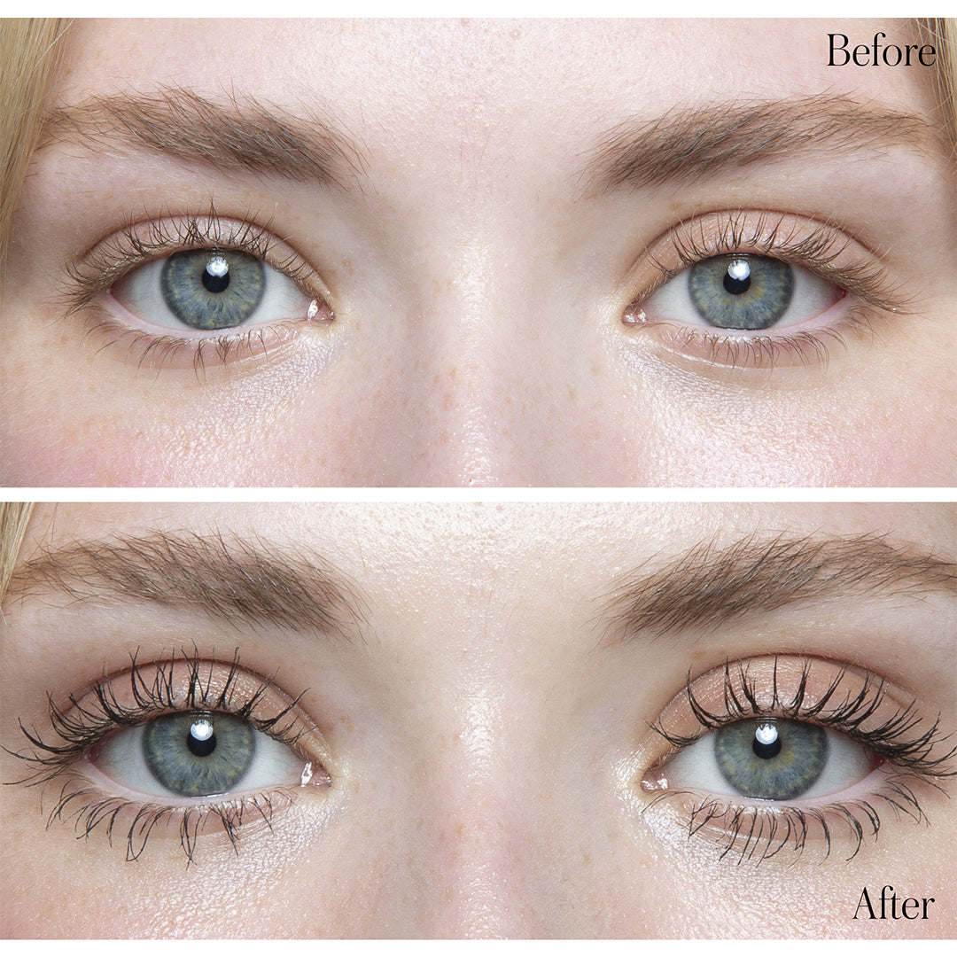 RMS Beauty | Straight Up Volumizing Peptide Mascara | Before and After Image - before-and-after close-up of blue-green eyes showing natural lashes before and darker, more defined lashes after mascara application
