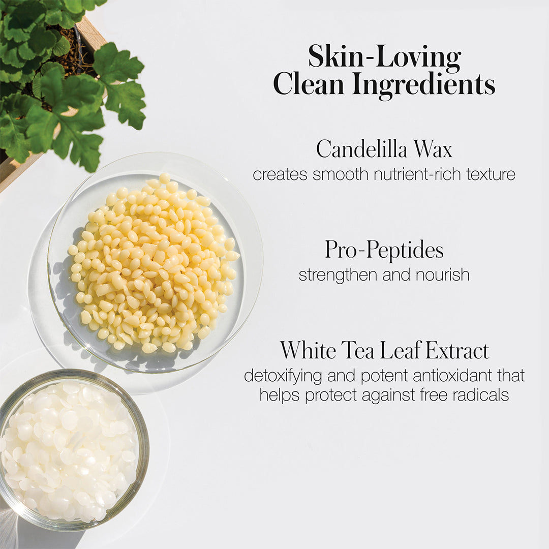 RMS Beauty | Straight Up Volumizing Peptide Mascara | Ingredients Image - ingredient graphic featuring candelilla wax with text highlighting Pro-Peptides and white tea leaf extract