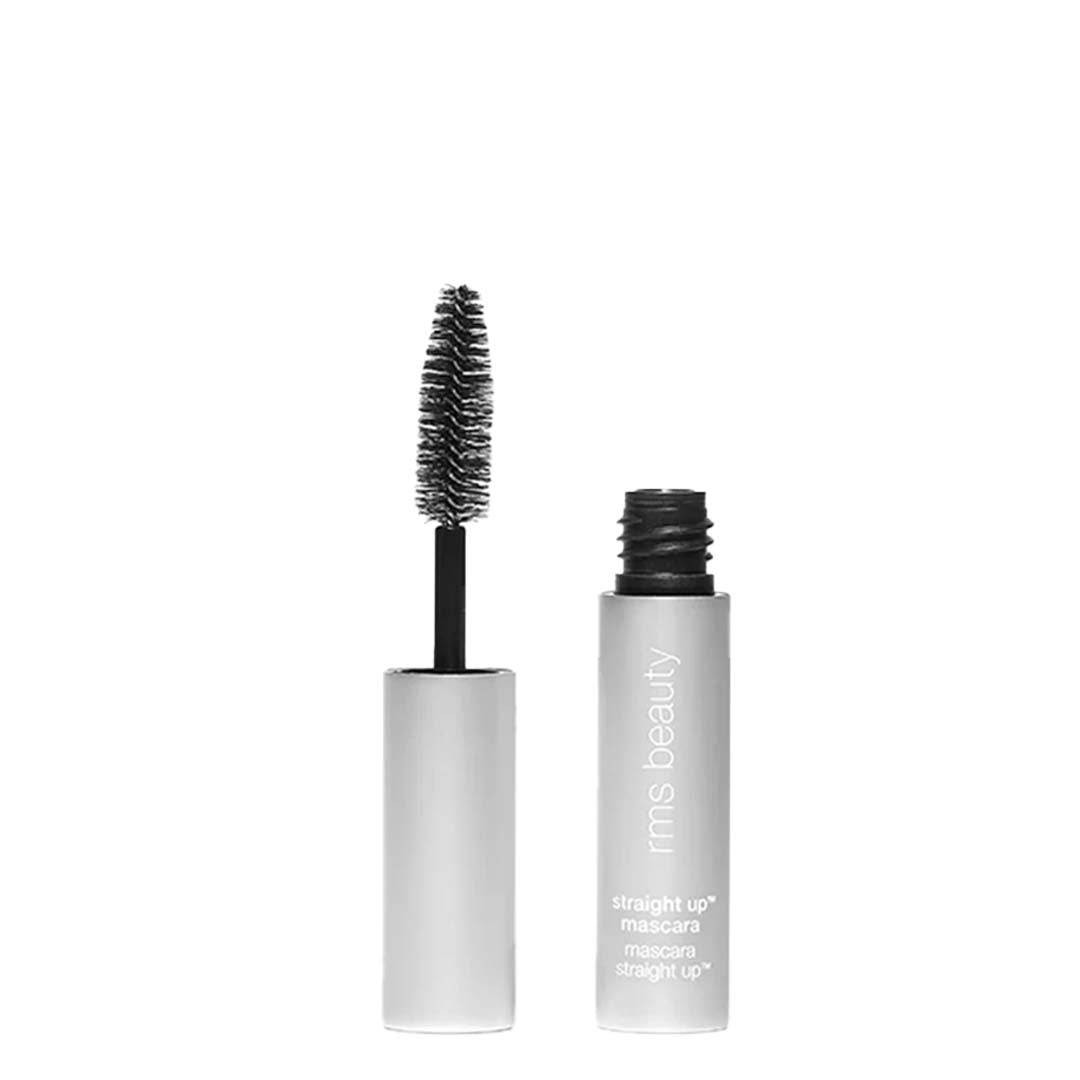 RMS Beauty | Straight Up Volumizing Peptide Mascara | Travel Size Image - silver tube with black mascara wand on a white background