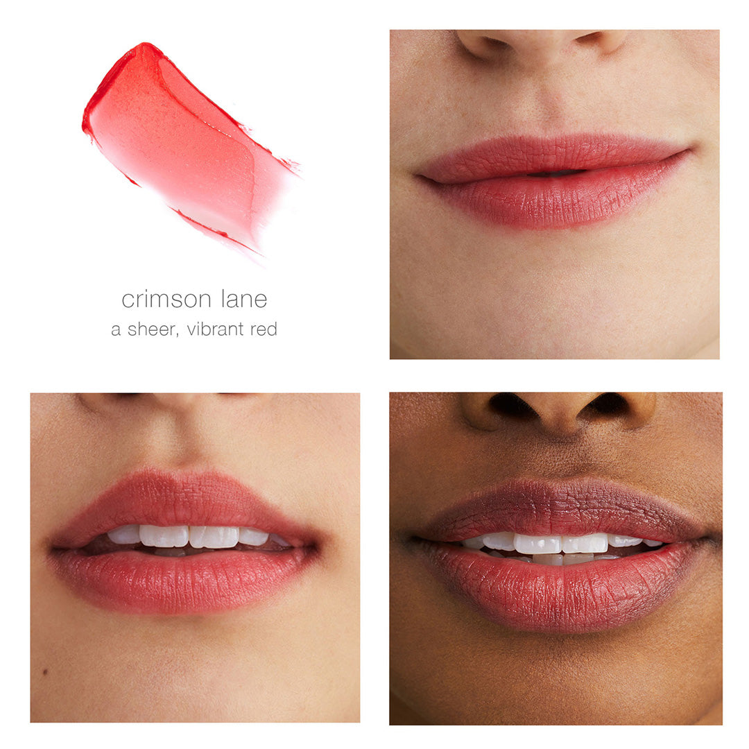 RMS Beauty | Tinted Daily Lip Balm | Crimson Lane Shade Comparison Image - lip swatch and shade shown on light and deep skin tones