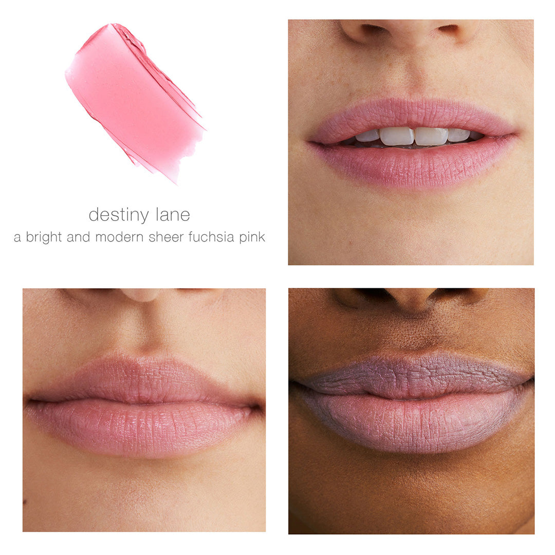 RMS Beauty | Tinted Daily Lip Balm | Destiny Lane Shade Comparison Image - lip swatch and shade shown on light and deep skin tones