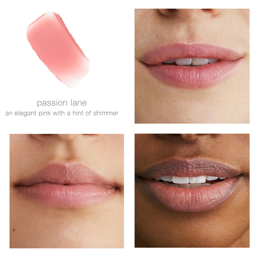 RMS Beauty | Tinted Daily Lip Balm | Passion Lane Shade Comparison Image - lip swatch and shade shown on light and deep skin tones
