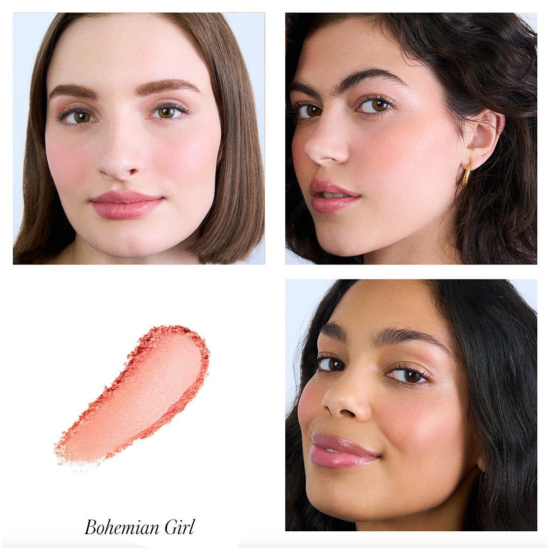RMS | ReDimension Hydra Powder Blush - Bohemian Girl | Model Images - three models with a soft coral-peach blush swatch