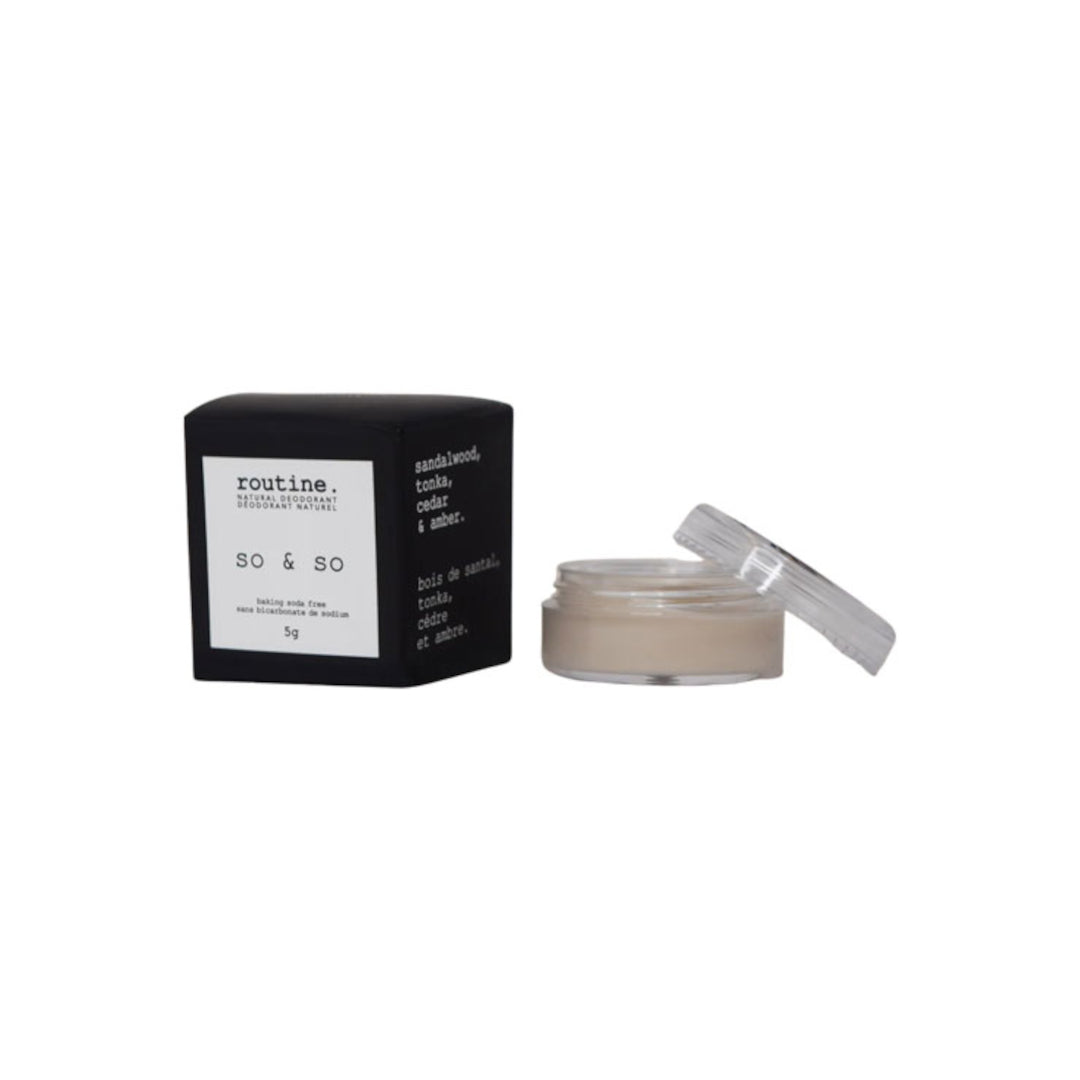 ROUTINE | Deodorant Jar Mini - So & So BSF | Product Image - mini jar with open lid beside branded box packaging on a white background