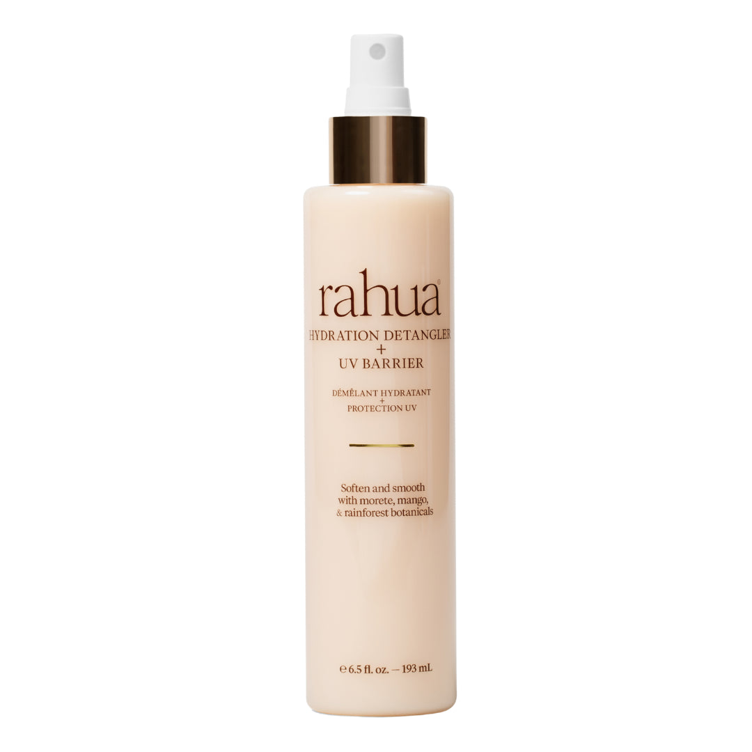 Rahua | Hydration Detangler + UV Barrier | Product Image - spray bottle with a white mist pump and metallic gold collar, displayed against a white background