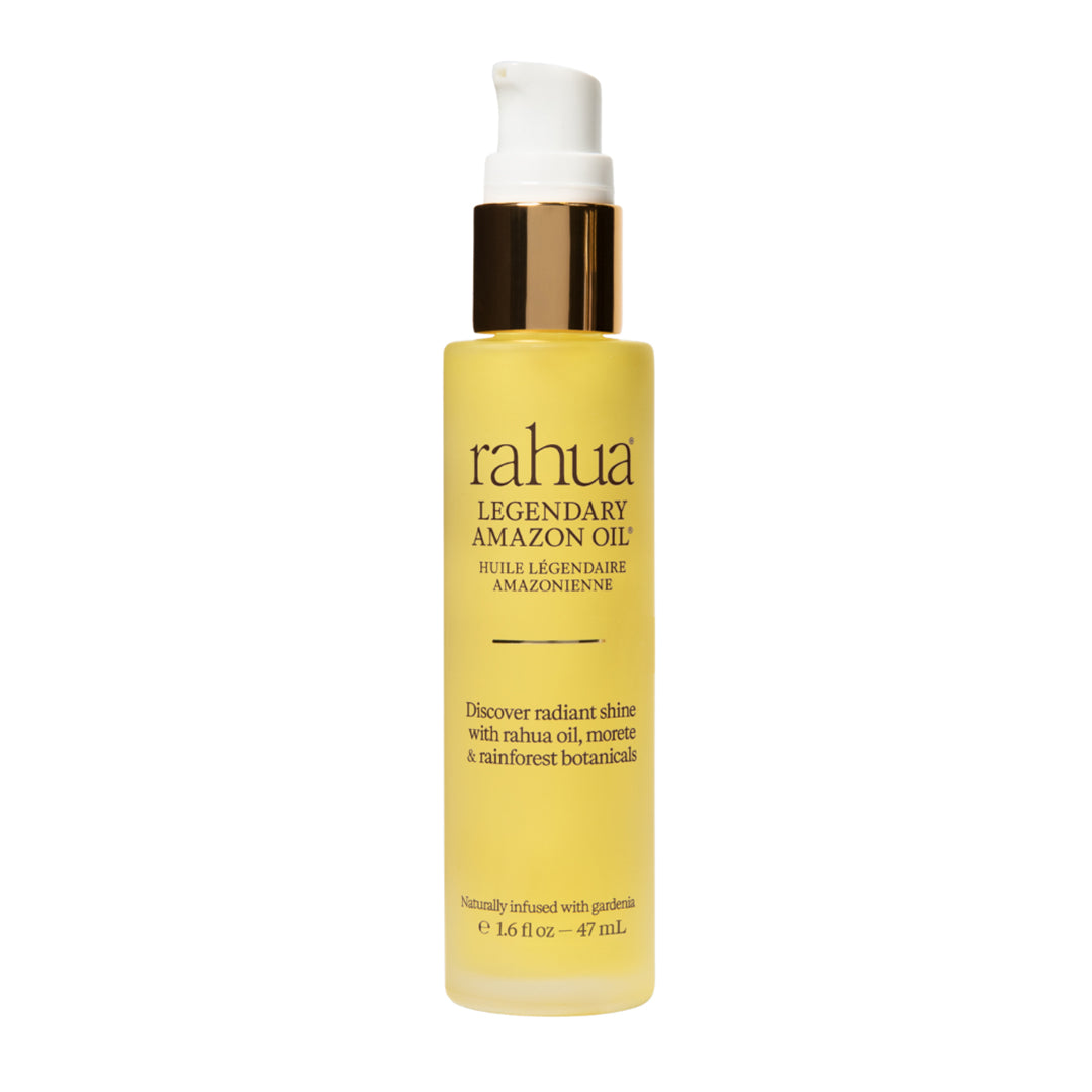 Rahua | Legendary Amazon Oil | Product Image - frosted yellow bottle with a white pump and metallic gold collar, displayed against a white background