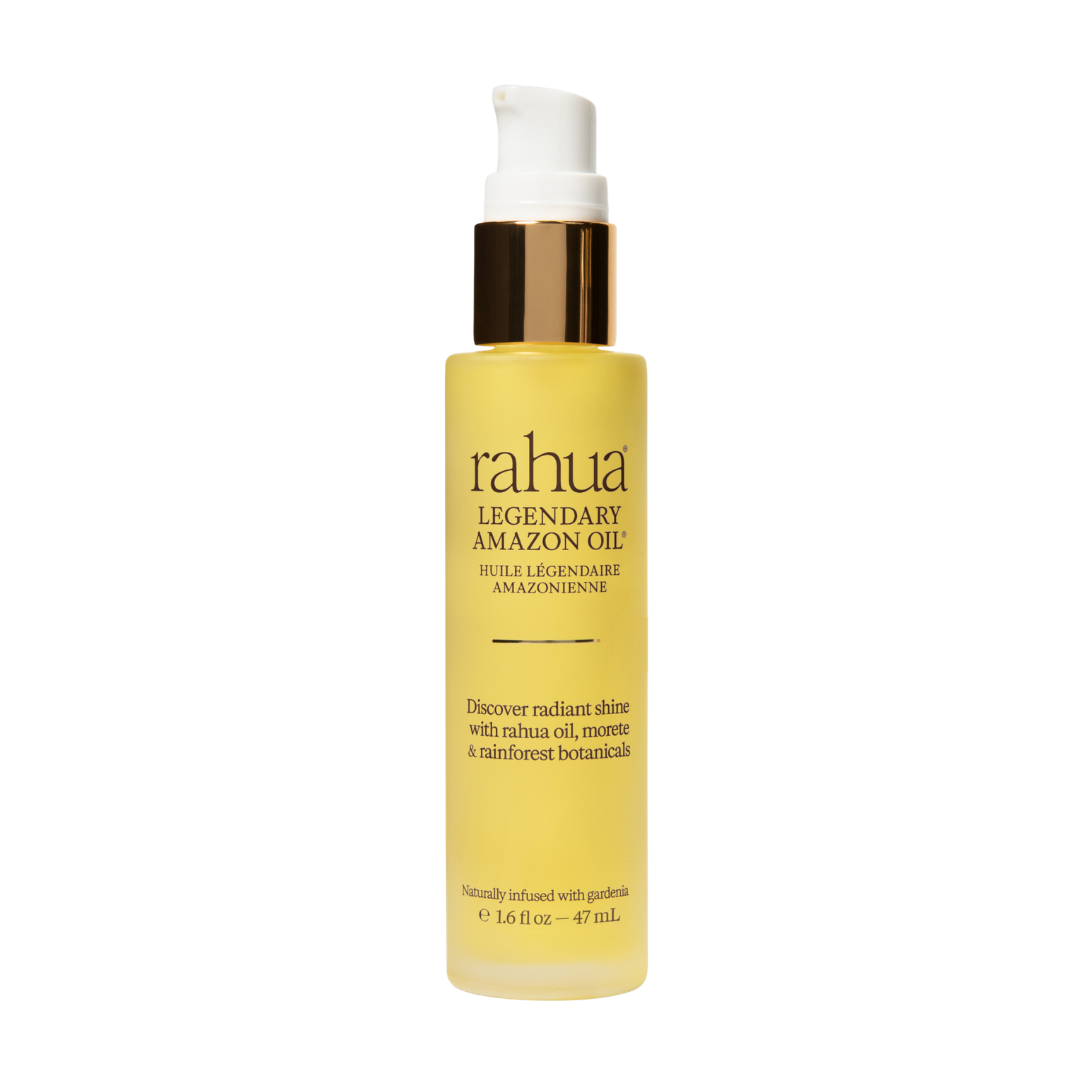 Rahua | Legendary Amazon Oil | Product Image - frosted yellow bottle with a white pump and metallic gold collar, displayed against a white background