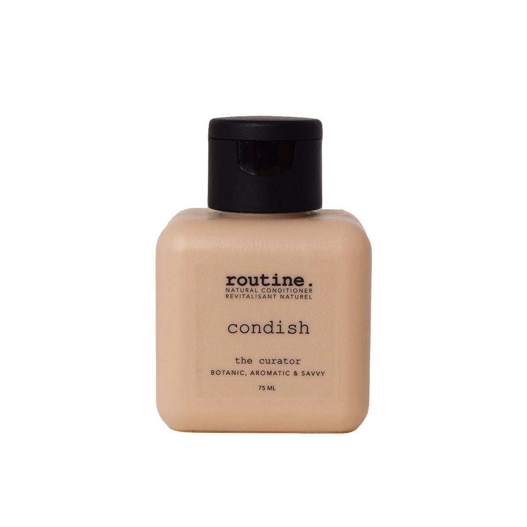 Routine | Conditioner Travel Mini - The Curator | Product Image - beige bottle with black cap on a white background