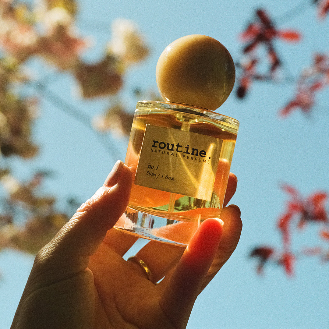 Routine | Natural Perfume Vol.1 | Lifestyle Image - bottle held in a hand against a blue sky with blurred flowers