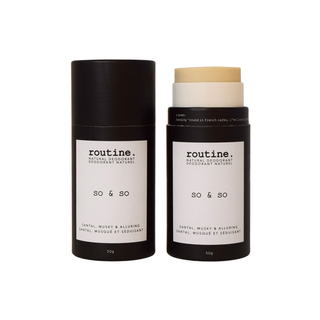 Routine | So & So Deodorant Stick | Product Image - with cap on and open applicator showing product on a white background