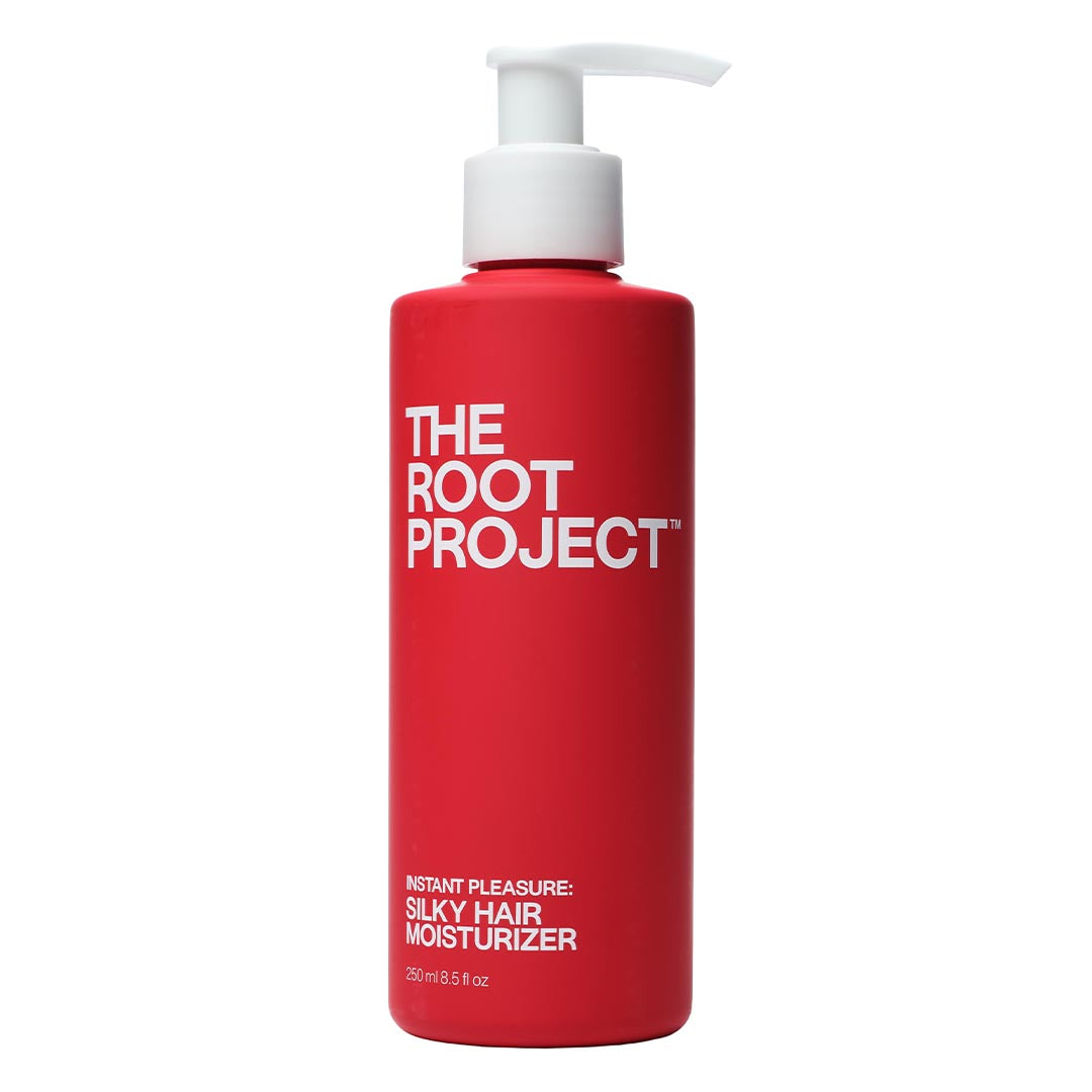 The Root Project | Instant Pleasure Silky Hair Moisturizer | Product Image - red bottle with a white pump on a white background