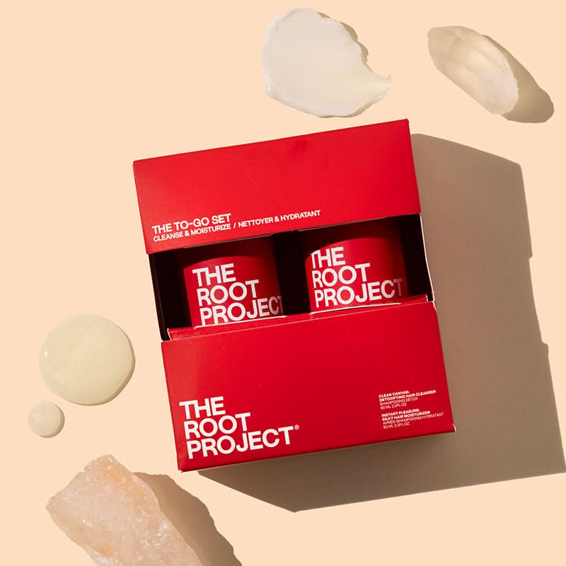 The Root Project | The To-Go Set | The Root Project The To-Go Set containing two red jars, presented in a matching red box with decorative crystals on a beige background.