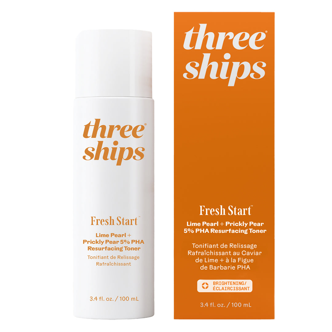 Three Ships | Fresh Start Lime Pearl + Prickly Pear 5% PHA Resurfacing Toner | Product Image with Box - white toner bottle with orange box on a white background