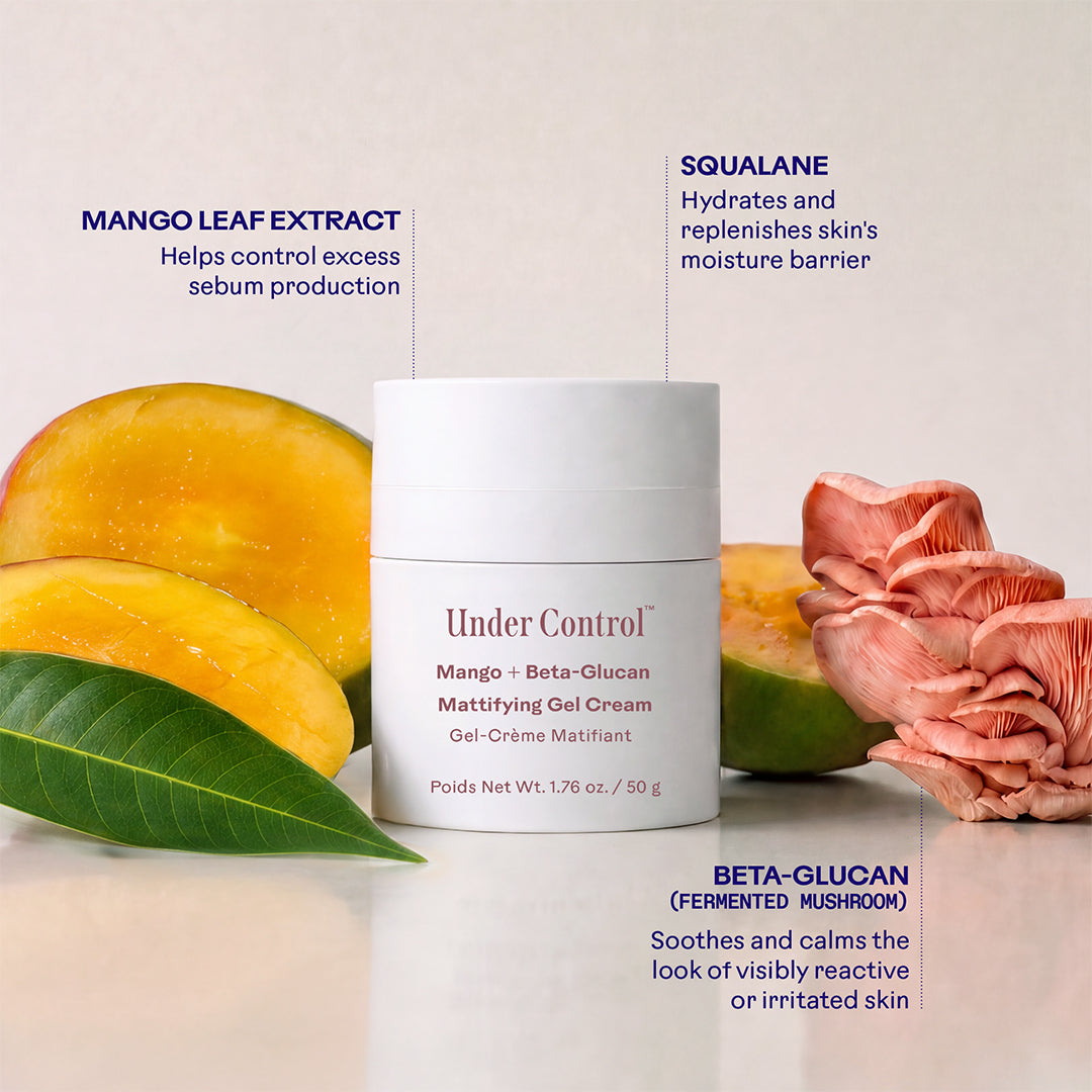 Three Ships | Under Control Mango + Beta-Glucan Mattifying Gel Cream | Ingredients Image - white jar with mango and pink mushrooms