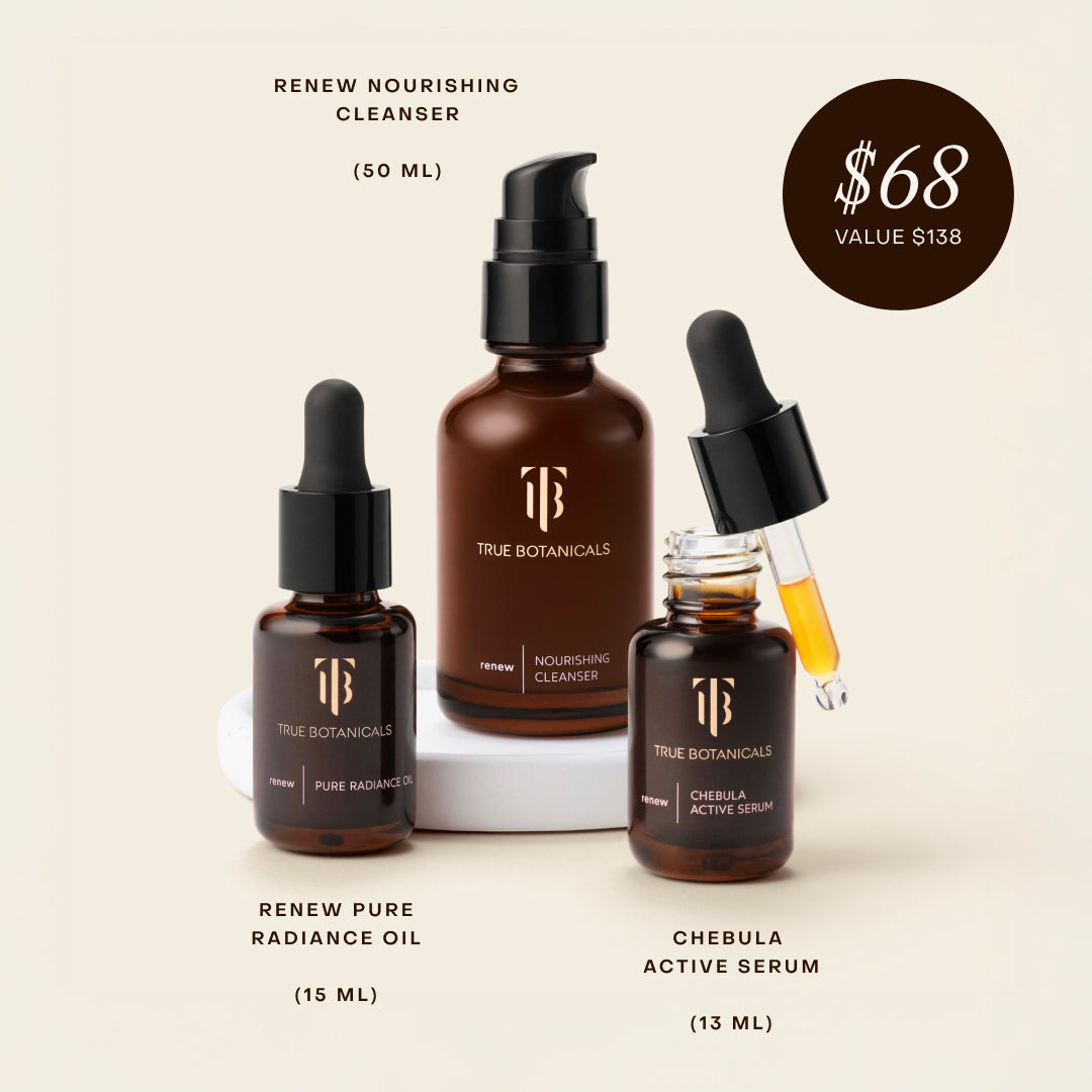 True Botanicals | A True Transformation Kit | Product and Price Image - skincare trio featuring cleanser, facial oil, and serum