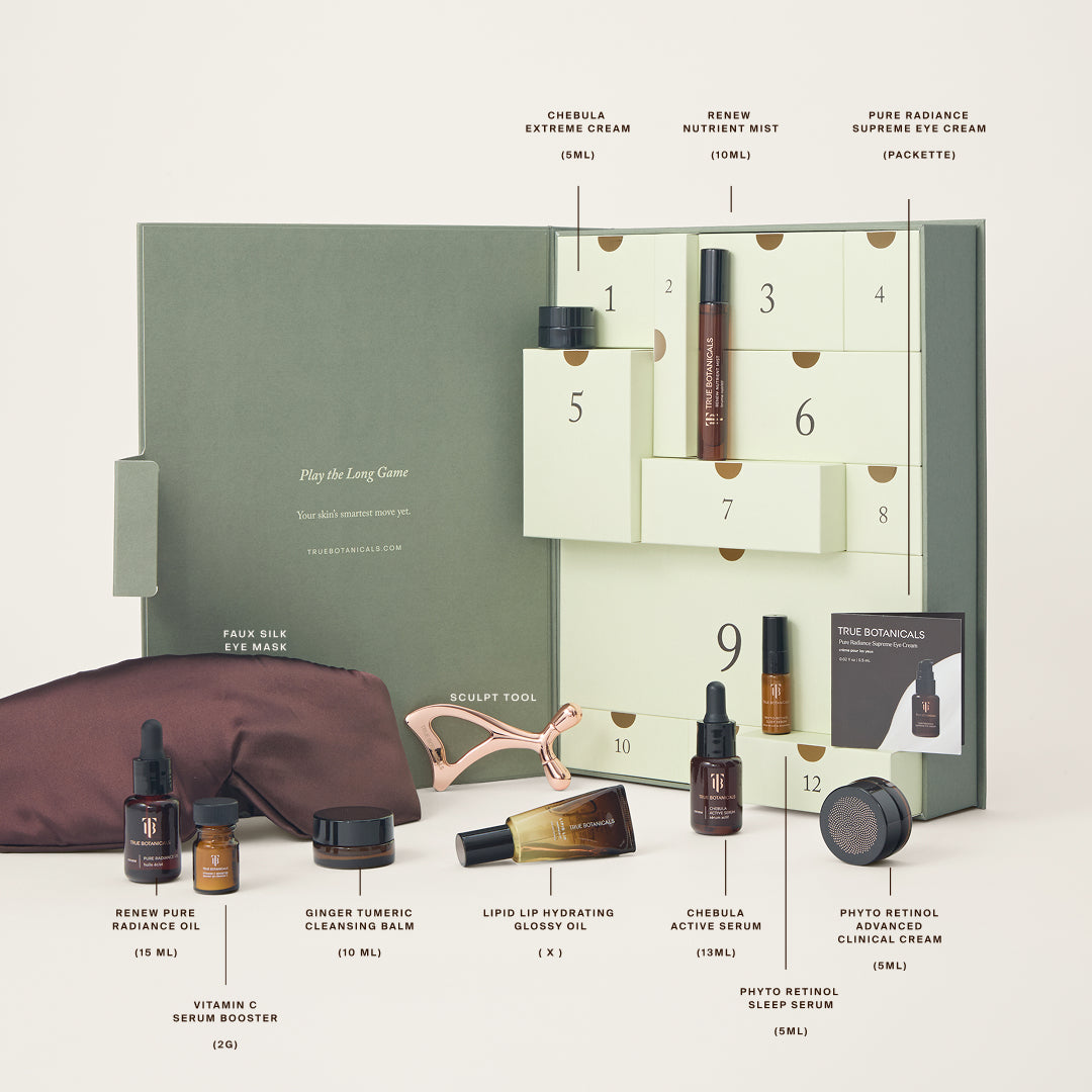 True Botanicals | Advent Calendar | Contents Image - Advent calendar with skincare products, tools, and eye mask