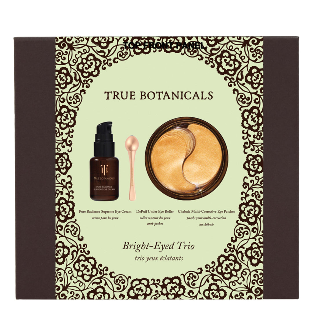 True Botanicals | Bright-Eyed Trio | Product Packaging - gift set in a brown box with a pale green front panel