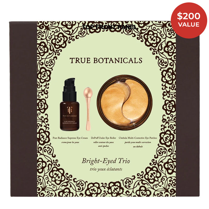 True Botanicals | Bright-Eyed Trio | Product Packaging - gift set in a brown box with a pale green front panel