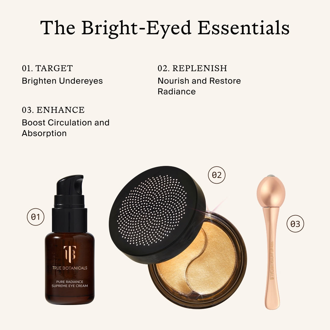 True Botanicals | Eye Collection | Eye Care Routine Image - Pure Radiance Supreme Eye Cream, Chebula Multi-Corrective Eye Patches, and eye roller displayed as a three-step eye care routine