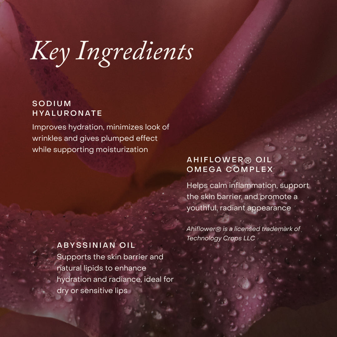 True Botanicals | Lipid Lip Hydrating Lip Oil | Key Ingredients - key ingredients on a floral background
