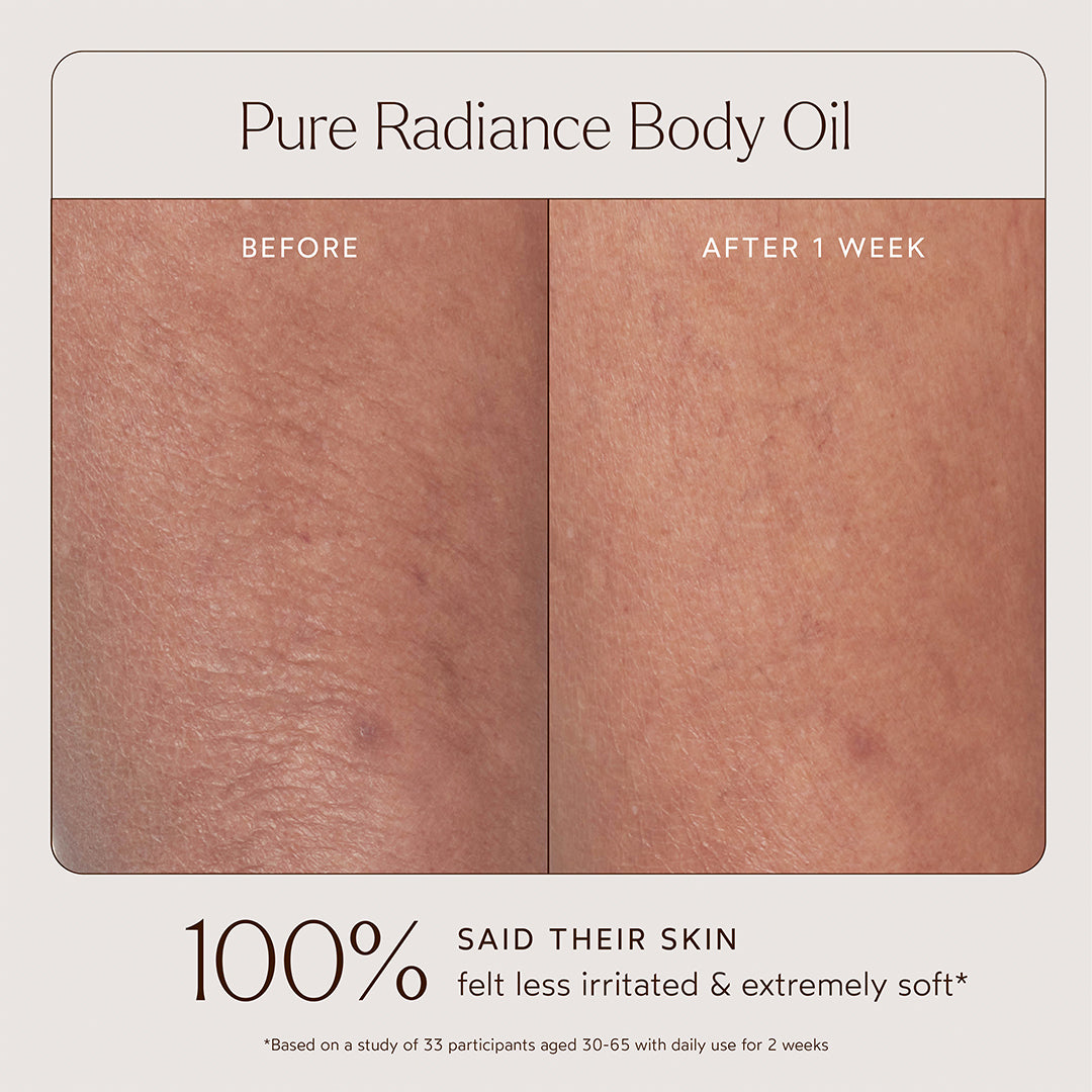 True Botanicals | Pure Radiance Body Oil | Before-and-after Comparison Image - showing smoother, more even-looking texture after one week of use