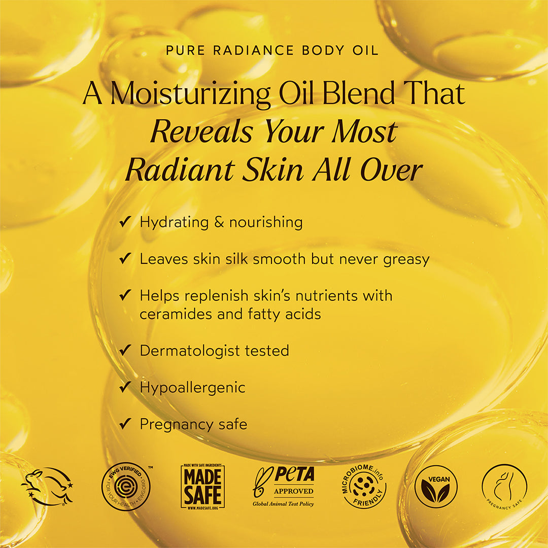 True Botanicals | Pure Radiance Body Oil | Benefits Image - graphic highlighting a moisturizing oil blend with benefits 