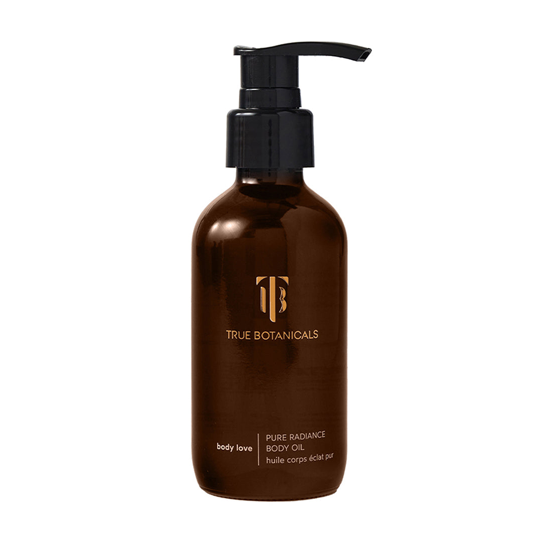True Botanicals | Pure Radiance Body Oil | Product Image - amber glass pump bottle on a white background