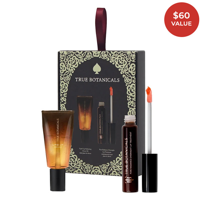 True Botanicals | Stocking Stuffer Best Sellers Lip Duo | Product Image - lip care duo with decorative gift box, Lipid Lip Hydrating Glossy Oil, and Pure Radiance Overnight Lip Treatment