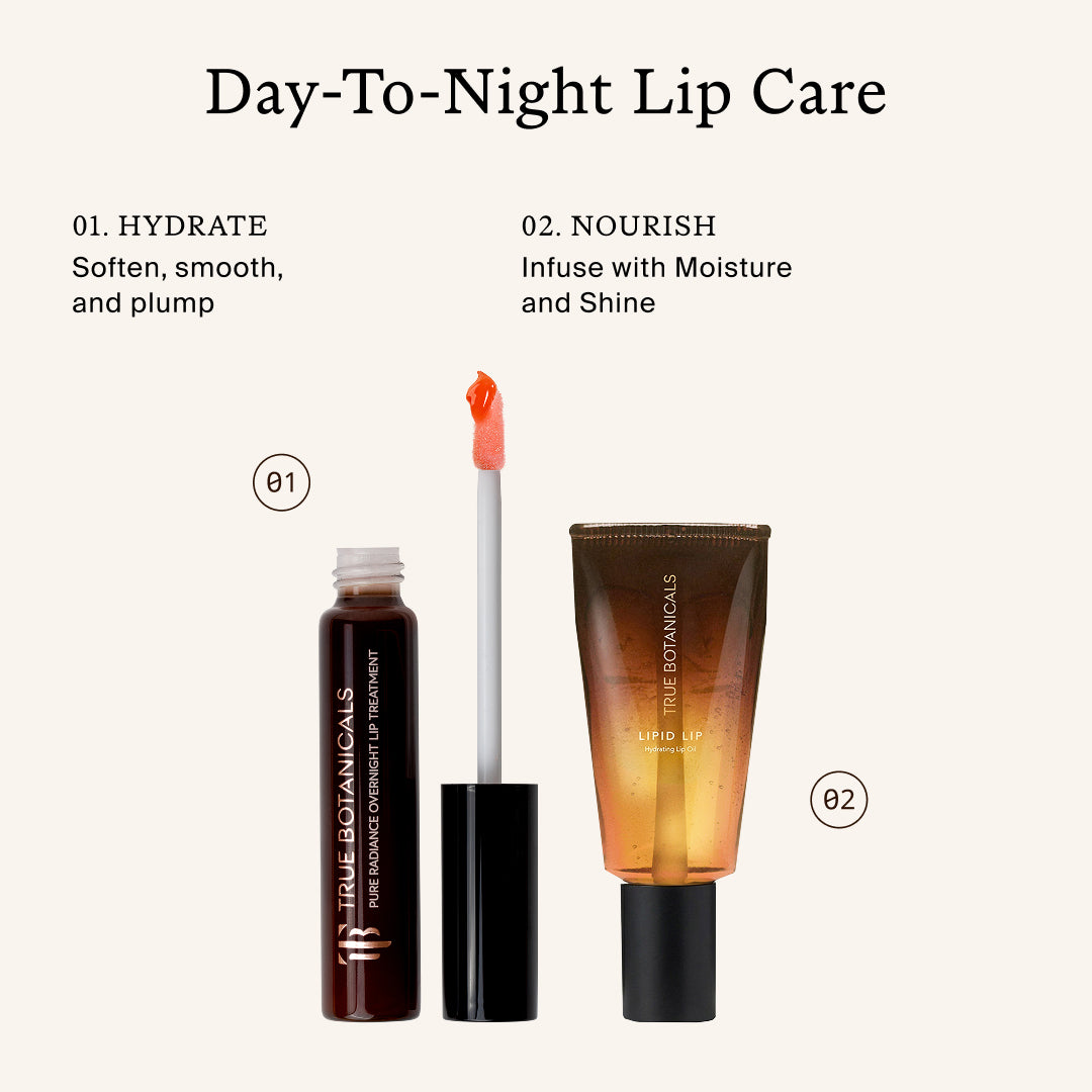 True Botanicals | Stocking Stuffer Best Sellers Lip Duo | Day-to-Night Lip Care - Pure Radiance Overnight Lip Treatment and Lipid Lip Hydrating Glossy Oil shown as a day-to-night lip care duo.