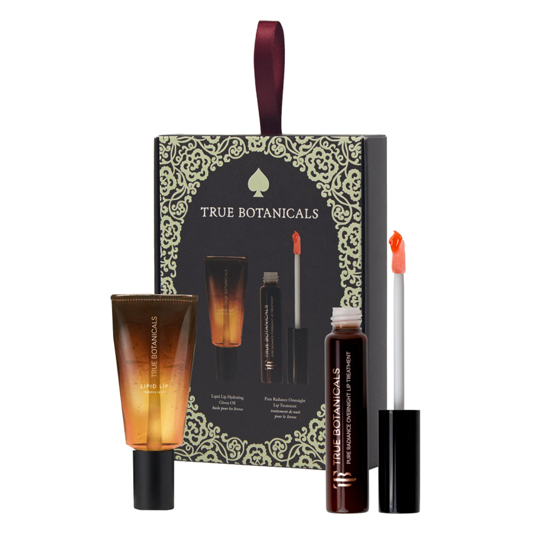 True Botanicals | Stocking Stuffer Best Sellers Lip Duo | Product Image - lip care duo with decorative gift box, Lipid Lip Hydrating Glossy Oil, and Pure Radiance Overnight Lip Treatment